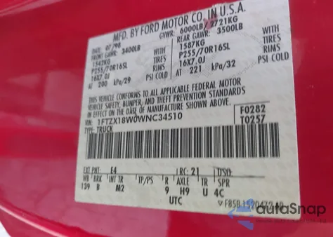 1998 Ford F-150 Lariat/Standard/Xl/Xlt из США, поврежденный, VIN 1FTZX18W0WNC34510